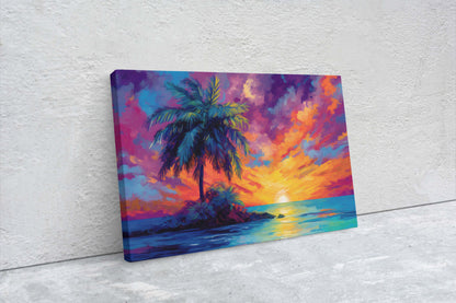 Vivid Palm Sunset on Canvas, Palm Tree Dusk, Evening Ocean View, Oceanside, Colorful Beach, Framed Canvas, Watercolor, Painting