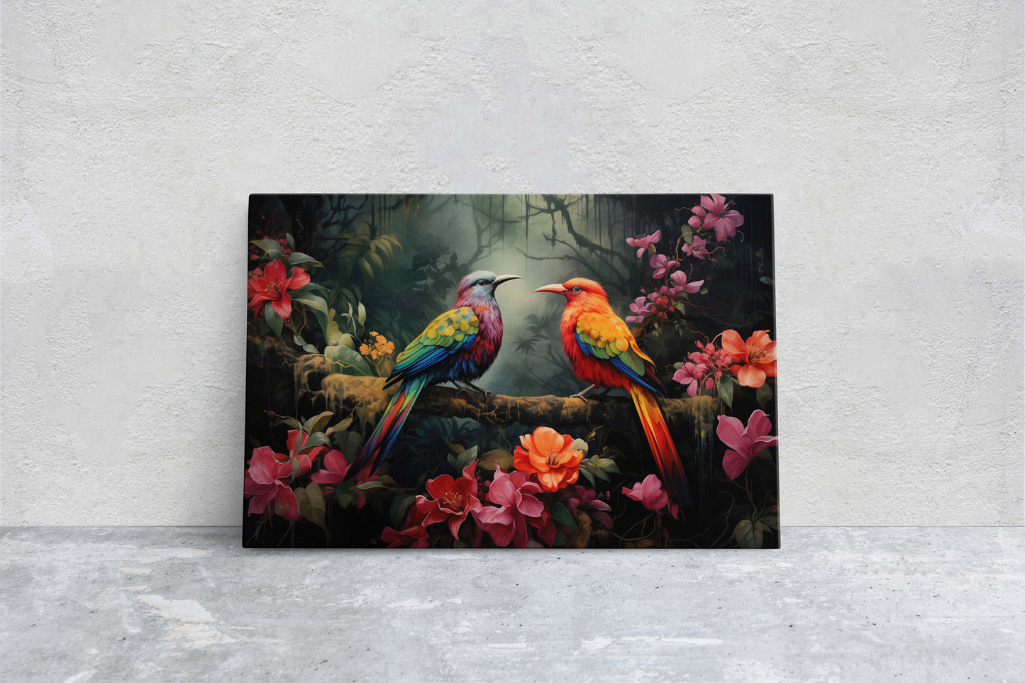 Jungle Bird Painting, Jungle Art, Green Jungle, Framed Canvas, Large Print, Beautiful Bird, Flower Jungle, Tropical Forest, Rainforest Art