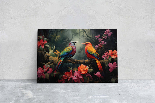 Jungle Bird Painting, Jungle Art, Green Jungle, Framed Canvas, Large Print, Beautiful Bird, Flower Jungle, Tropical Forest, Rainforest Art