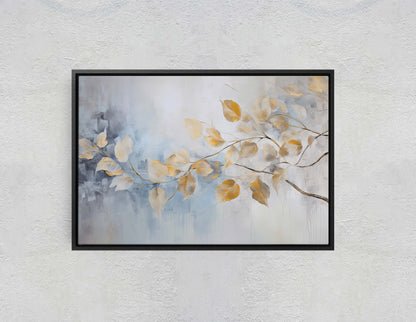 Golden Leaves Rain, Floral Art Painting, Contemporary Canvas,  Large Print, Framed Canvas, Neutral Color, Gray and Gold, Blue Tones