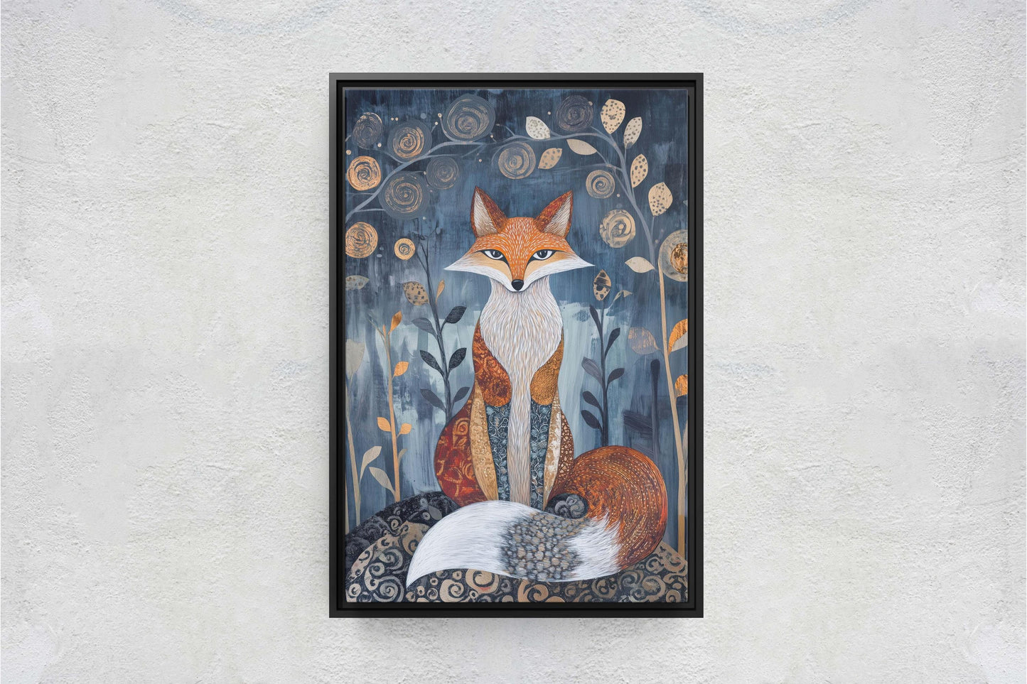 Scandinavian Fox, Folk Art, Celestial Art,  Framed Canvas, Dark Print, Nature Print, Whimsical