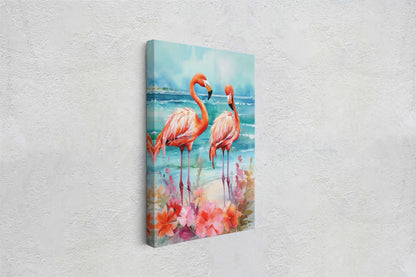 Flamingo Flowers on Canvas, Floral Bird, Beach Art, Framed Canvas, Tropical Art, Blue Water, Animal Print, Bird Lover, Vertical Portrait