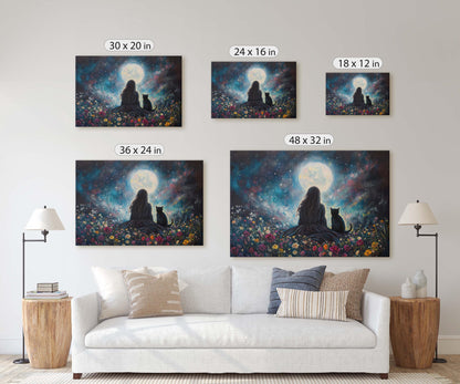Girl and Cat Moon, Moonlit Night, Dreaming of Tomorrow, Halloween Art, Full Moon, Witch and Cat