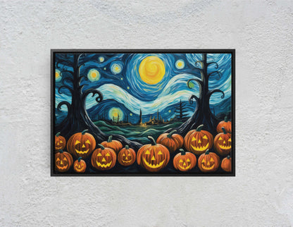 Pumpkin Patch On Canvas, Starry Night Pumpkins, Jack-O-Lantern, Van Gogh, Spooky Art, Fun Halloween, Kid Friendly, Framed Canvas