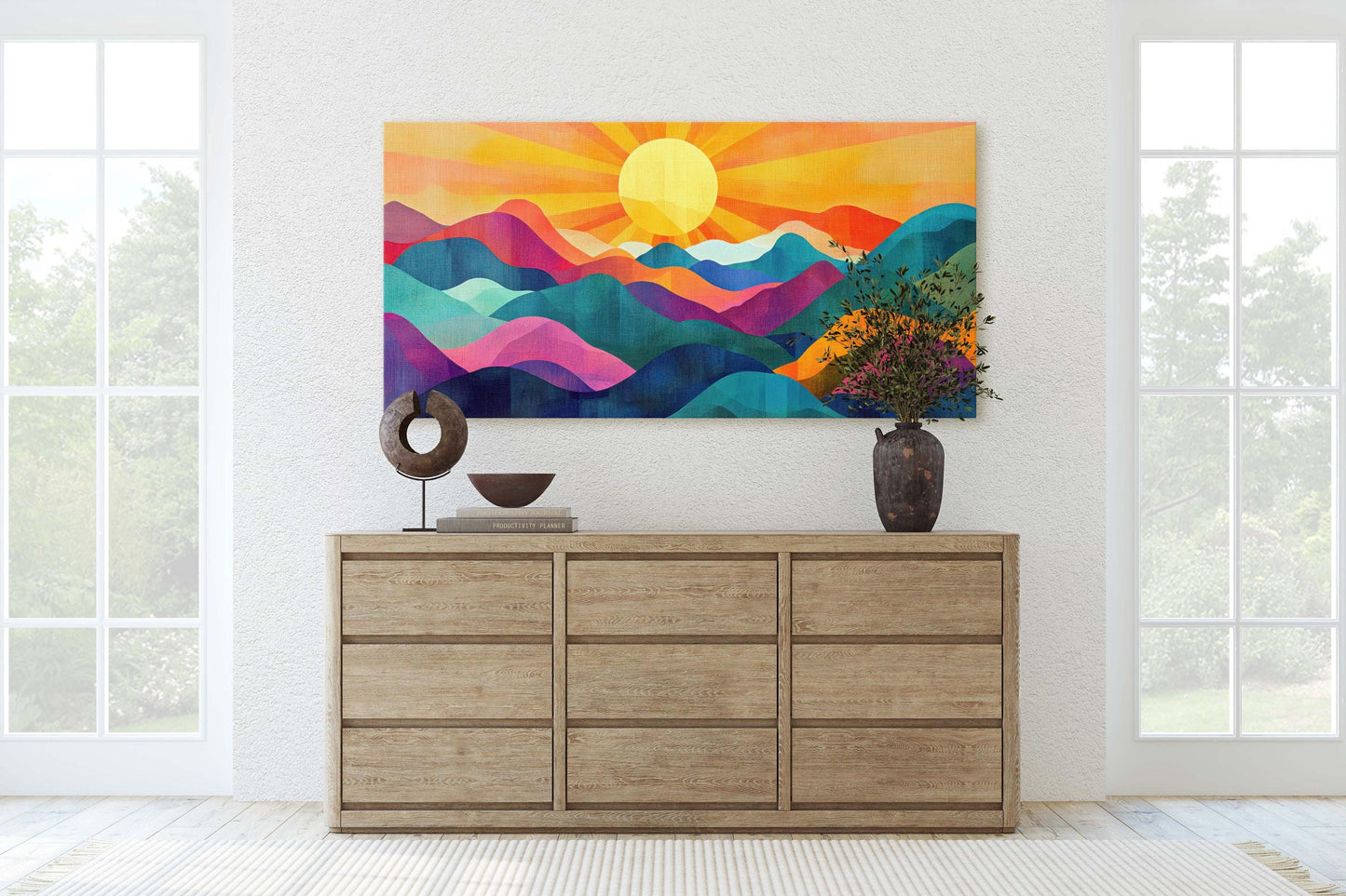 Sunshine Mountain, Canvas Print, Sunset Decor, Flat Art, Vibrant Color, Bold Art, Vertical, Abstract, Mid Century Modern, Scandinavian Print