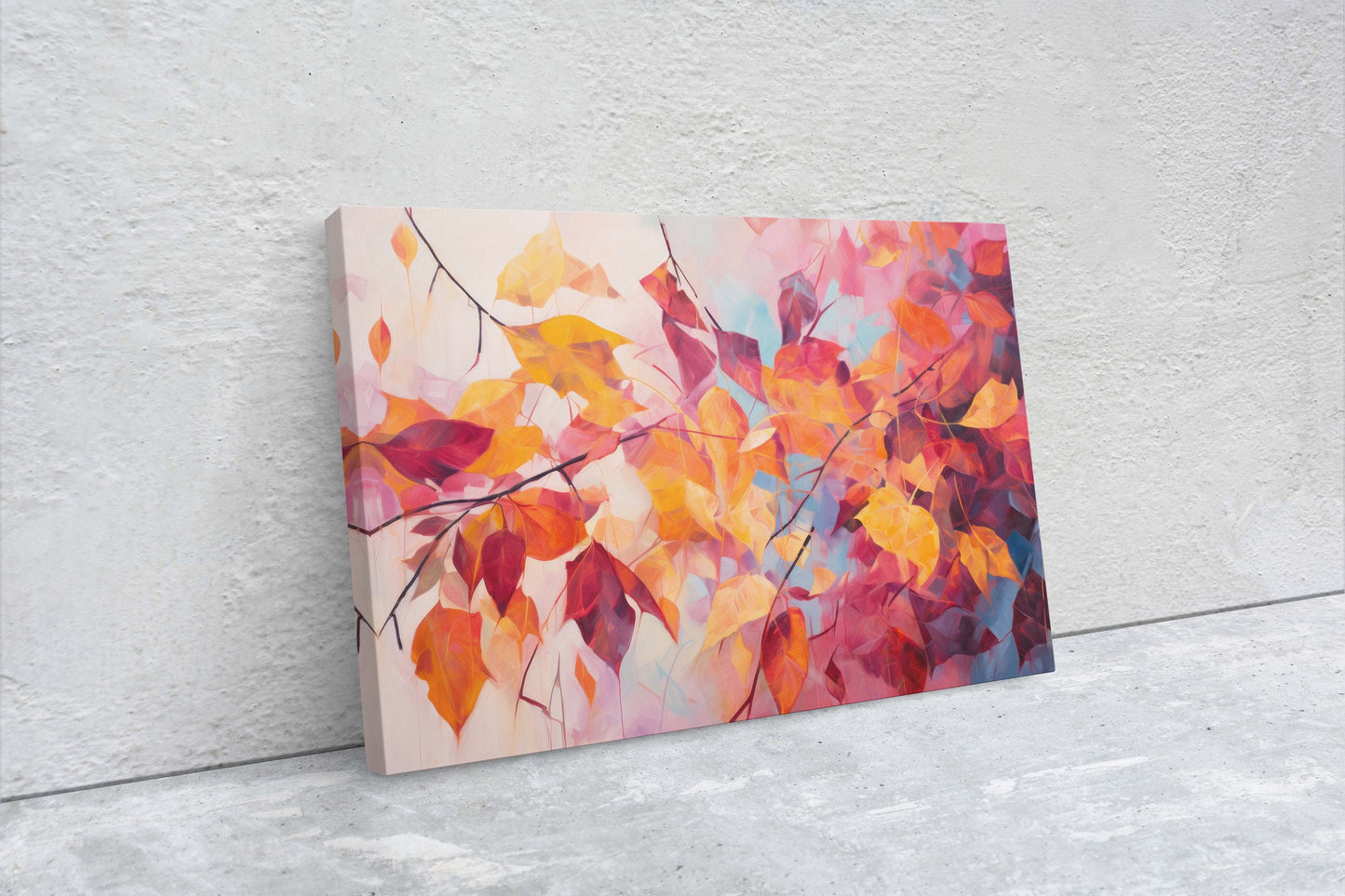 Abstract Leaf Print, Fall Leaves, Autumn,Red Orange Canvas, Fine Art, Modern Artwork, Contemporary Print, Framed Canvas