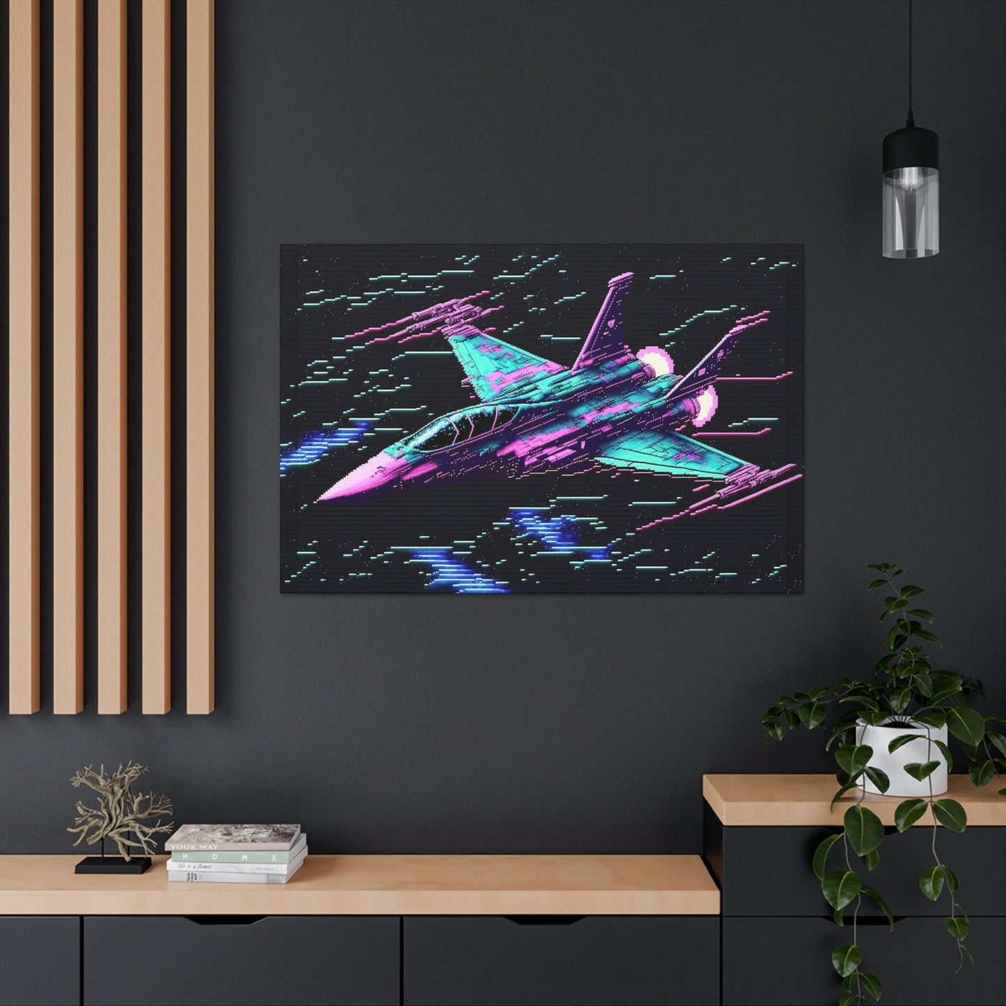 Fighter Jet Canvas Art Ready To Hang | Vapor wave | Outrun | Pixel | Man Cave