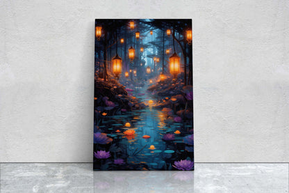 Enchanted Stream, Lamps Night Art, Lantern Forest, Vertical Canvas, Fantasy Decor, Office Art, River Art, Lily Stream, Floating Flower