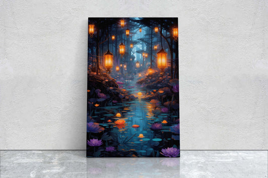 Enchanted Stream, Lamps Night Art, Lantern Forest, Vertical Canvas, Fantasy Decor, Office Art, River Art, Lily Stream, Floating Flower