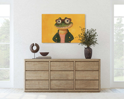 Hipster Crocodile, Pop Art, Street Art, Graffiti Painting, Animal Sunglasses, Yellow, Fun Quirky, Large Art Print, Kids Room, Boys Room