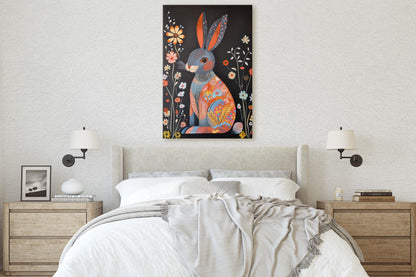 Scandinavian Rabbit, Folk Art, Celestial Art,  Framed Canvas, Dark Print, Nature Print, Whimsical