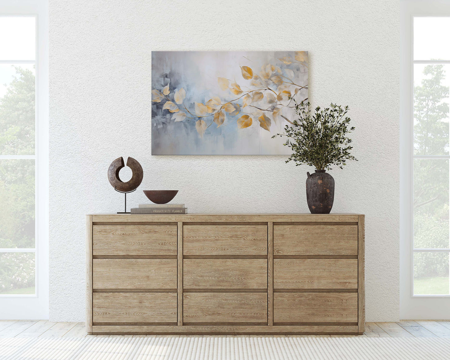 Golden Leaves Rain, Floral Art Painting, Contemporary Canvas,  Large Print, Framed Canvas, Neutral Color, Gray and Gold, Blue Tones
