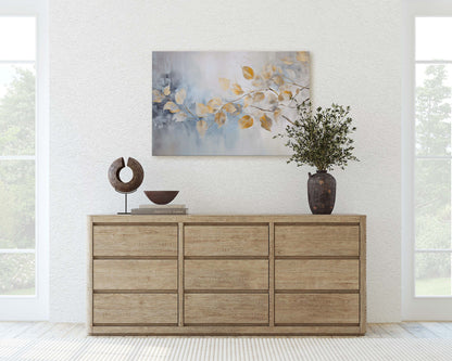 Golden Leaves Rain, Floral Art Painting, Contemporary Canvas,  Large Print, Framed Canvas, Neutral Color, Gray and Gold, Blue Tones