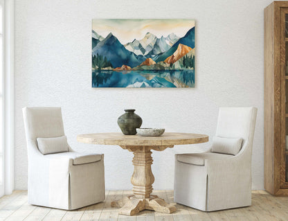 Lakeside Mountains on Canvas, Lake View mountains, Abstract Landscape, Modern Landscape, Neutral Tones, Subtle color, Watercolor Print