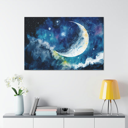 Watercolor Moon Sky Canvas Art Ready To Hang Large Print, Night Sky, Star Sky