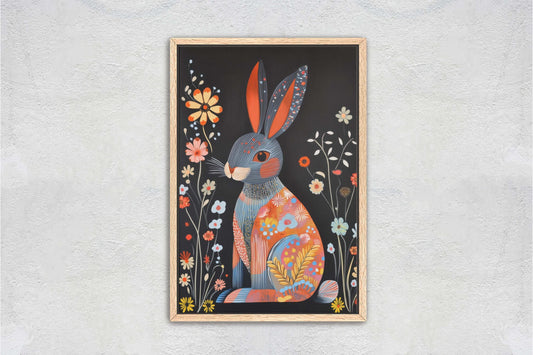 Scandinavian Rabbit, Folk Art, Celestial Art,  Framed Canvas, Dark Print, Nature Print, Whimsical