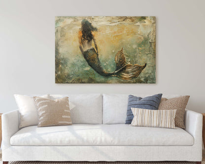Mermaid Alone, Nautical Artwork, Ocean Decor, Mythical Creature, Fantasy Decor, Faux Metal, Framed Canvas, Extra Large Print