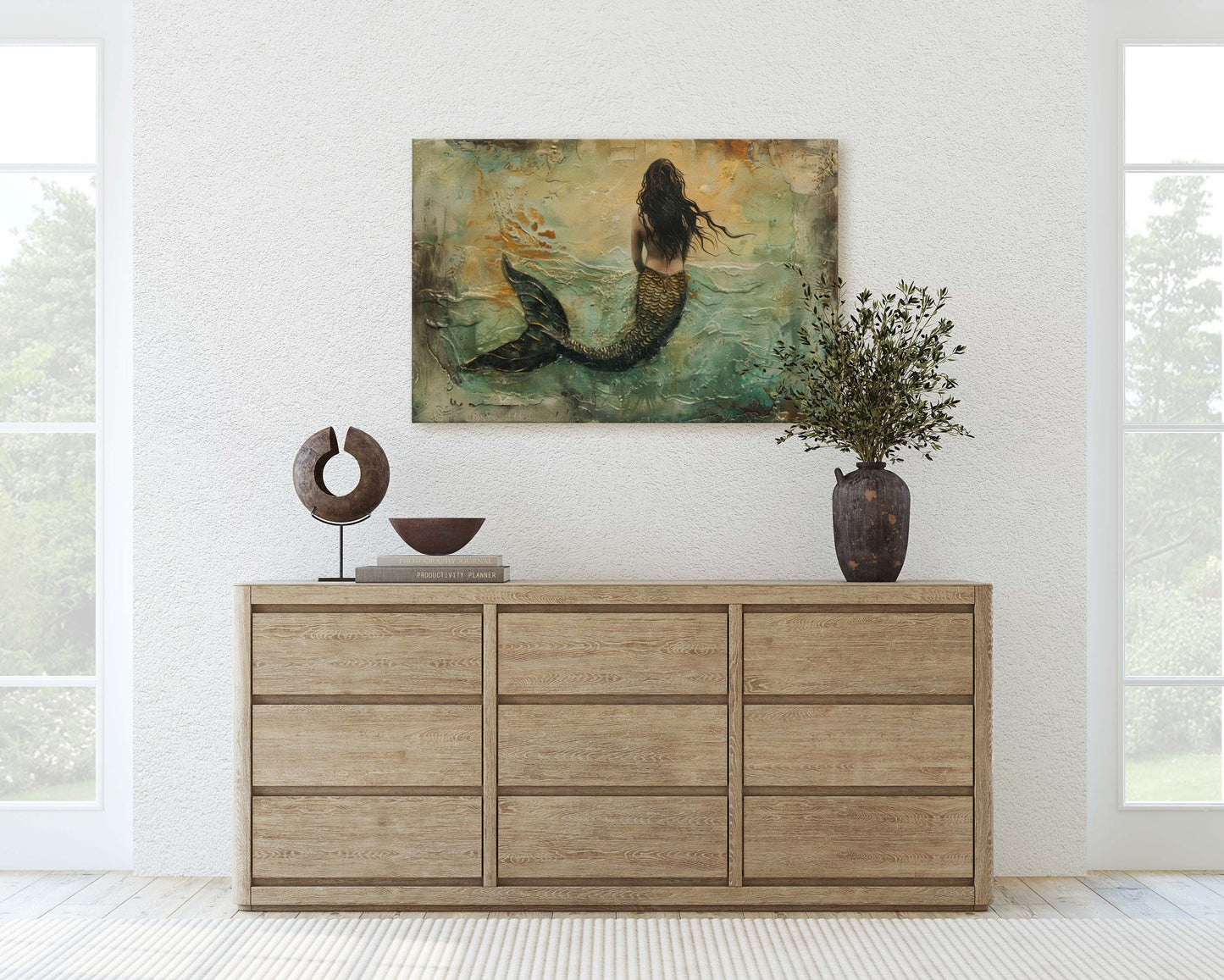 Mermaid in Solitude, Nautical Artwork, Ocean Decor, Mythical Creature, Fantasy Decor, Faux Metal, Framed Canvas, Extra Large Print