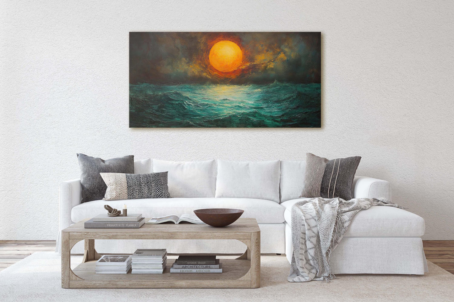 Dark Sunset, Orange Sun, Green Sea, Dark Colors, Moody Print