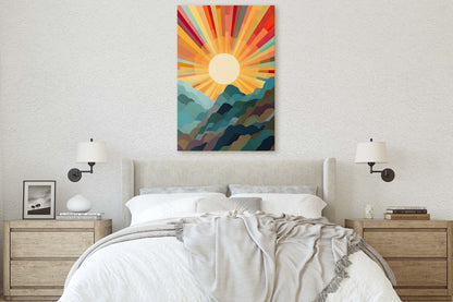 Sunshine Mountain on Canvas, Sunset Decor, Flat Art, Vibrant Color, Bold Art, Vertical, Abstract, Mid Century Modern, Scandinavian Print