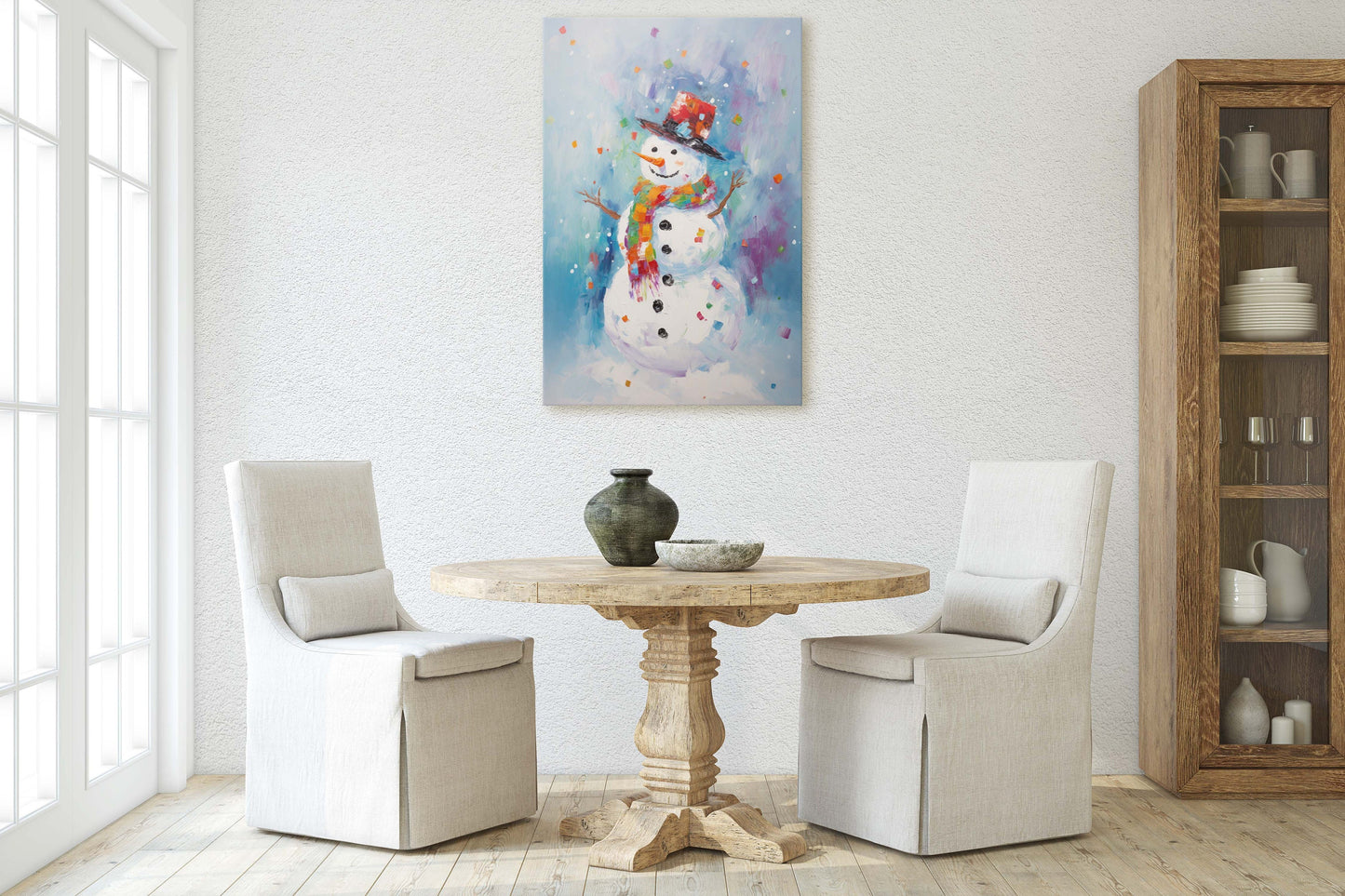 Colorful Snowman, Festive Winter Art, Holiday Decor, Christmas Print, Winter season, Framed Canvas, Snow man
