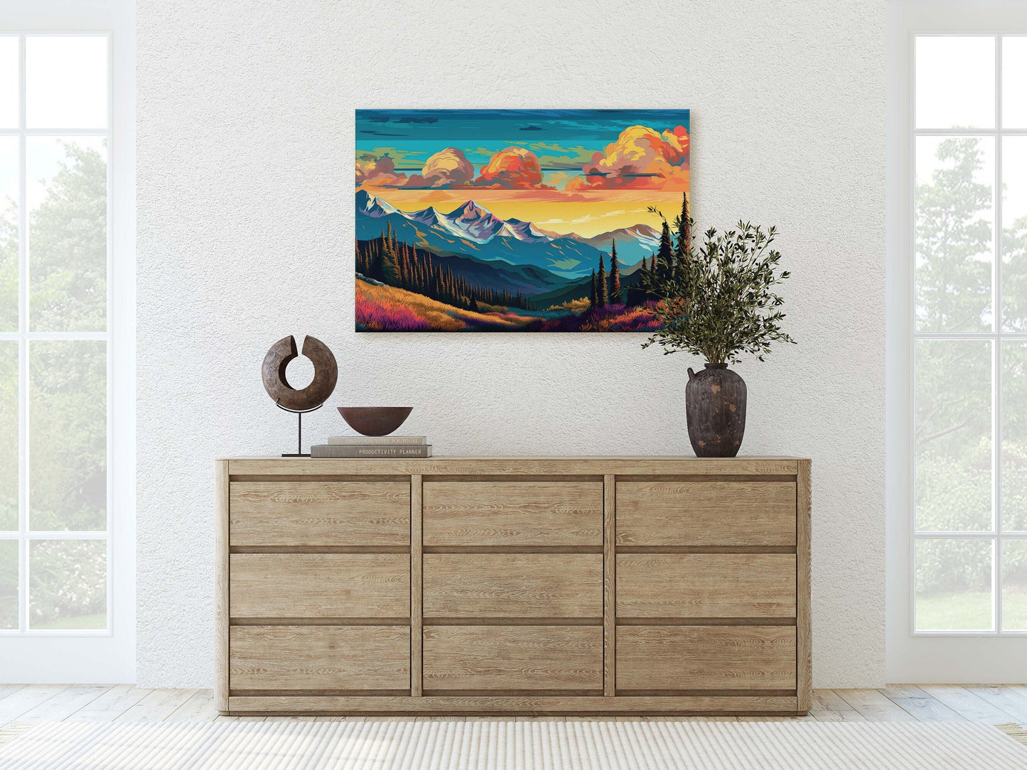 Cloud Mountains on Canvas, Flat Illustration, Sunset Colors, Sunrise Scene, Mountain Range, National Park, Abstract Art, Drawing, Framed
