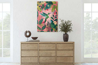 Hummingbird Pink, Framed Canvas, Tropical Art, Maximalist Jungle, Botanical Print, Bold Eclectic, Pink Art
