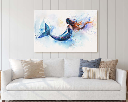 Watercolor Mermaid, Fantasy Creature, Ocean Art, White and Blue, Bathroom Decor, Framed Canvas, Large Art Print, Mystical, Impressionism