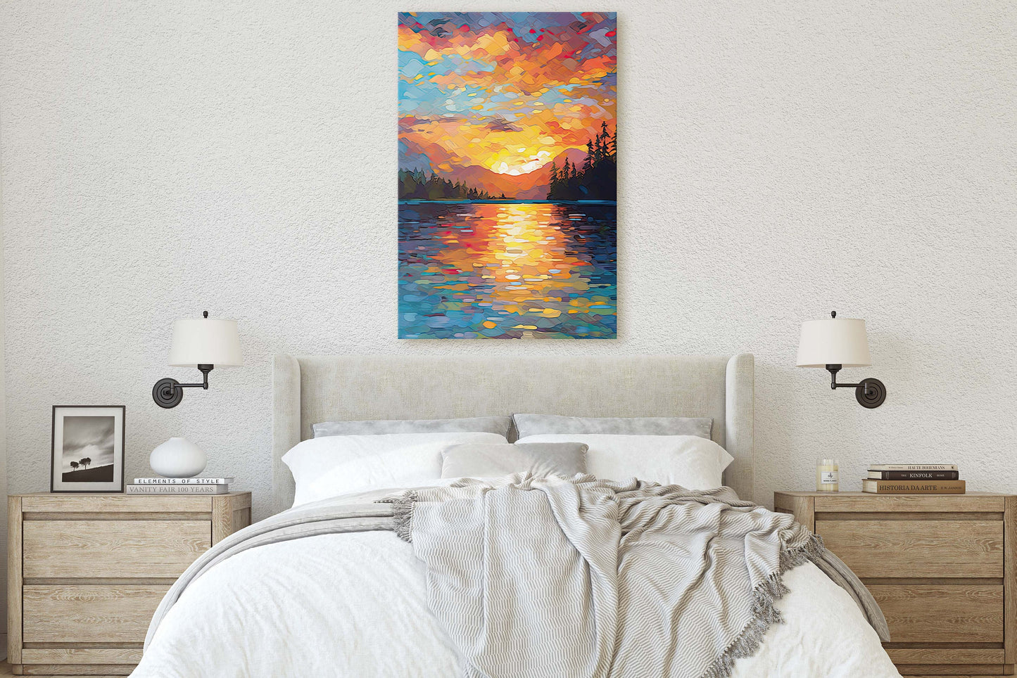 Lake at Sunset, Fauvist Color, Calm Water, Chromatic, Impressionist Art, Landscape Decor, Nature Painting, Ready to Hang, Canvas Print