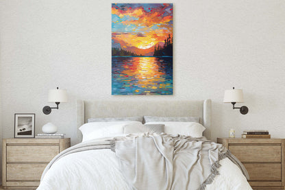 Lake at Sunset, Fauvist Color, Calm Water, Chromatic, Impressionist Art, Landscape Decor, Nature Painting, Ready to Hang, Canvas Print