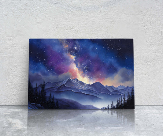 Night Sky Over Mountain Range Painting Stretched Canvas Art