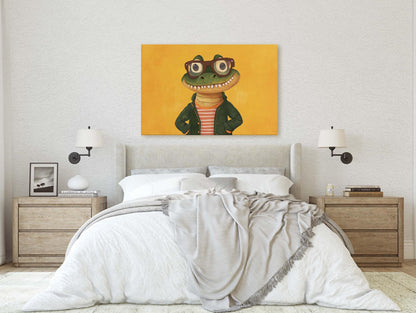 Hipster Crocodile, Pop Art, Street Art, Graffiti Painting, Animal Sunglasses, Yellow, Fun Quirky, Large Art Print, Kids Room, Boys Room