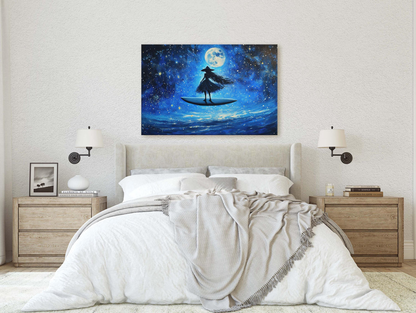 Surfing Witch, Flywing Witch, Halloween Art,  Full Moon, Blue Ocean, Whimsical Art, Fun Halloween, Whimsy