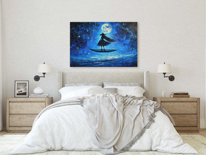 Surfing Witch, Flywing Witch, Halloween Art,  Full Moon, Blue Ocean, Whimsical Art, Fun Halloween, Whimsy