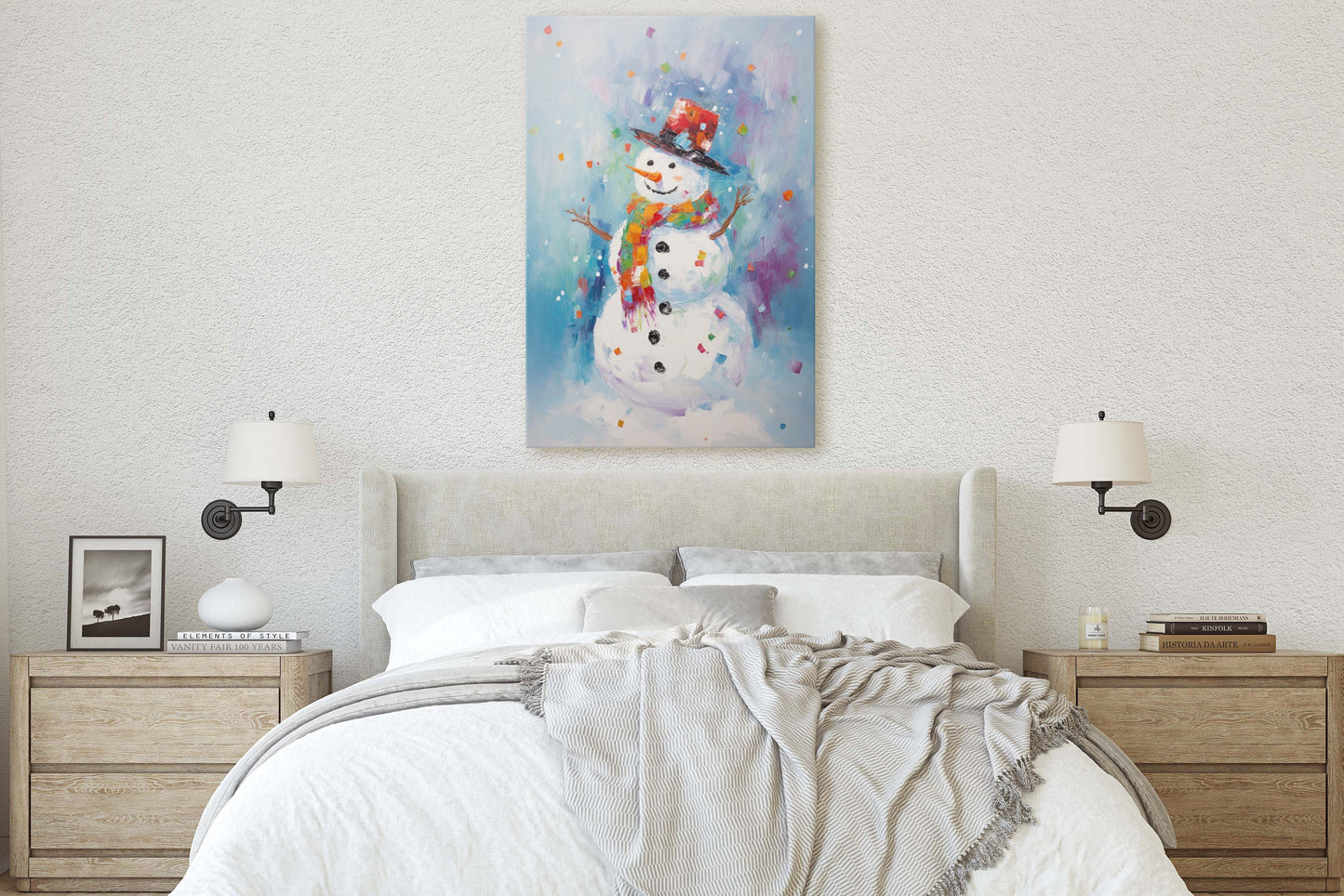 Colorful Snowman, Festive Winter Art, Holiday Decor, Christmas Print, Winter season, Framed Canvas, Snow man