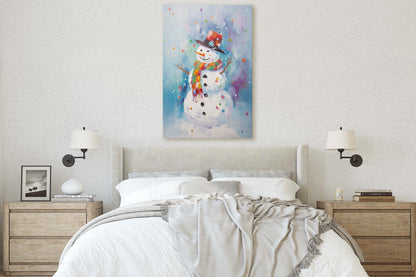 Colorful Snowman, Festive Winter Art, Holiday Decor, Christmas Print, Winter season, Framed Canvas, Snow man