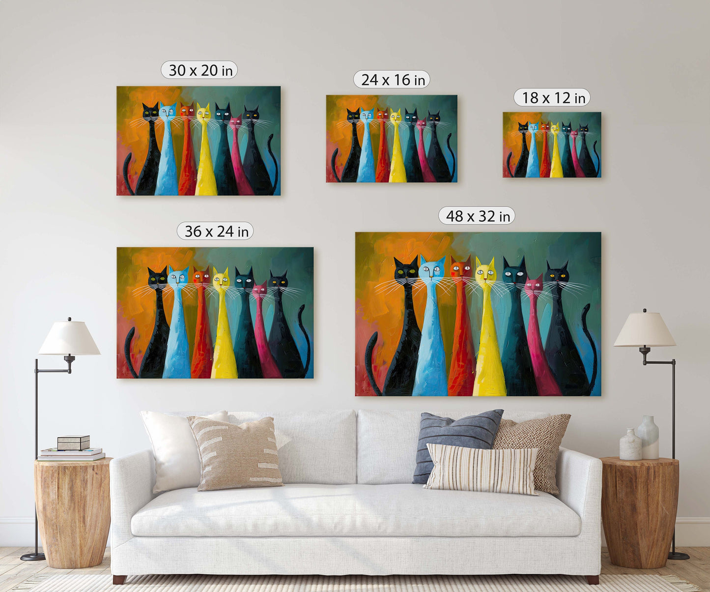 Rainbow Whisker Cats, Cat Lover Art, Large Art Print, Framed Canvas, Abstract Animal, Pastel Color, Colorful, Symbolism, Modern