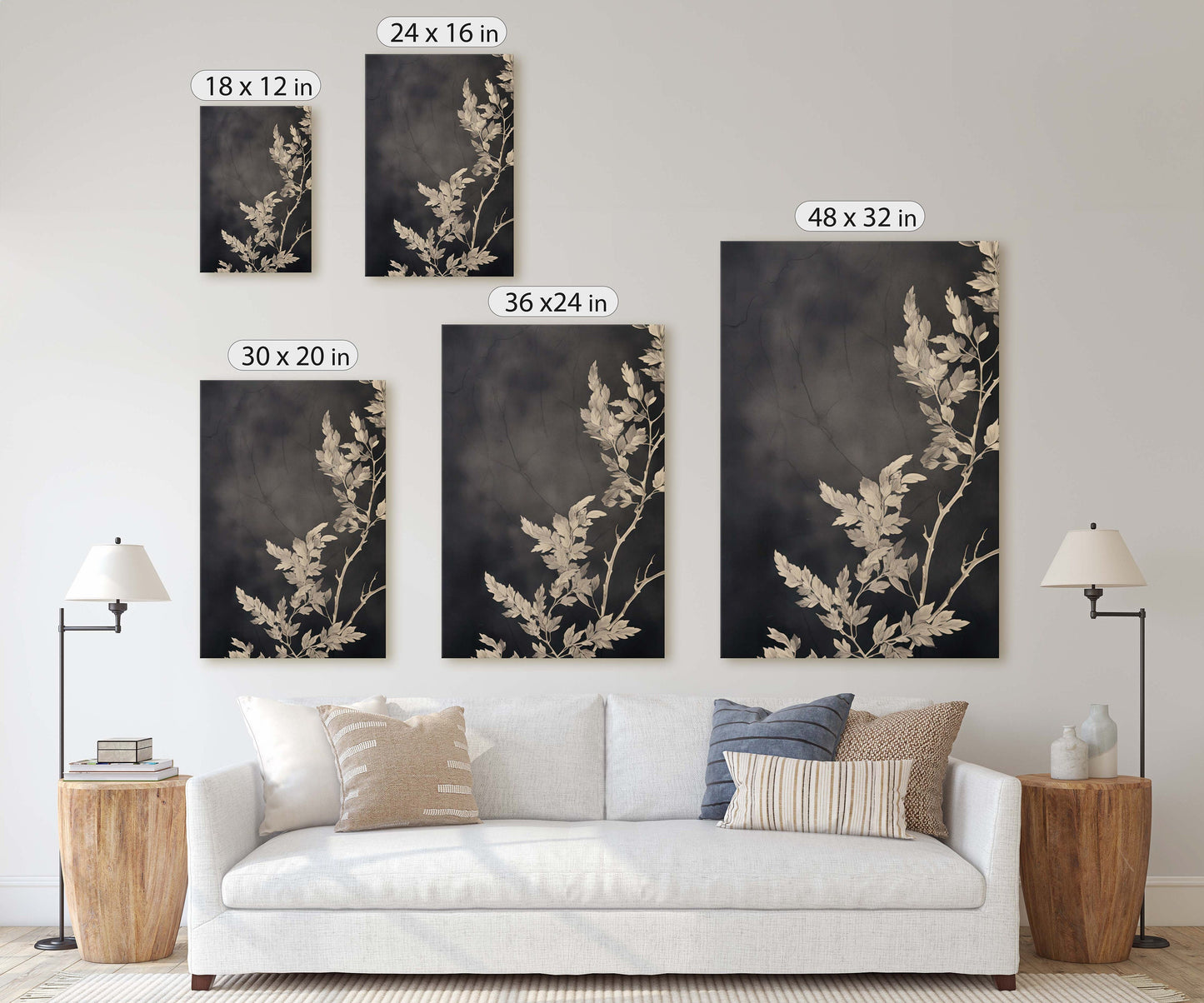 Botanical Print, Black and White, Minimalist Painting, Farmhouse Decor, Floral Wall Art, Framed Canvas, Wildflower Art