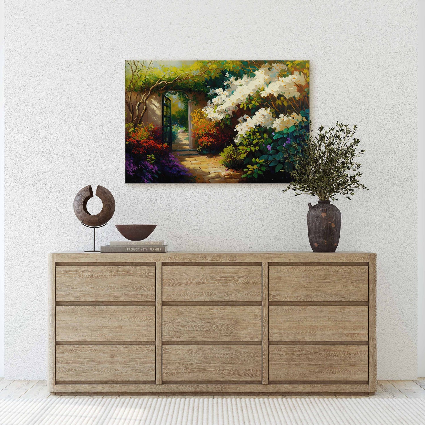 Jasmine Garden, Jasmine Tea Plant,  Flowers Canvas Art Ready To Hang Large Print, Oil Painting, Landscape