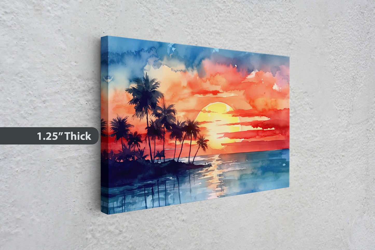 Beach Sunset on Canvas, Tree silhouette, Sunrise Beach, Watercolor, Framed Canvas, Red Orange, Blue