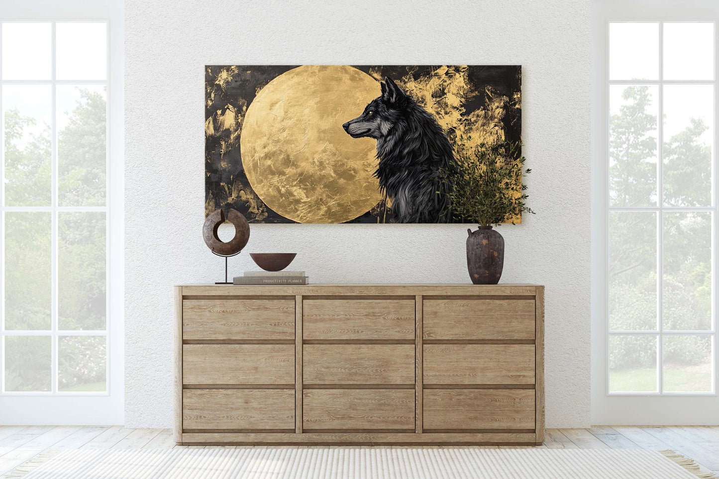 Lone Wolf Contemporary, Black and Gold Wolf, Wolf Moon