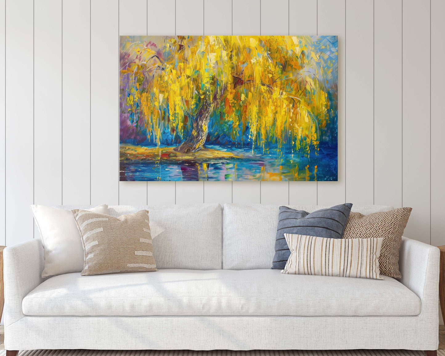 Golden Willow, Weeping Willow, Abstract Modern, Framed Canvas, Large Art Print, Gold and Blue, Tree Painting, Floral Botanical