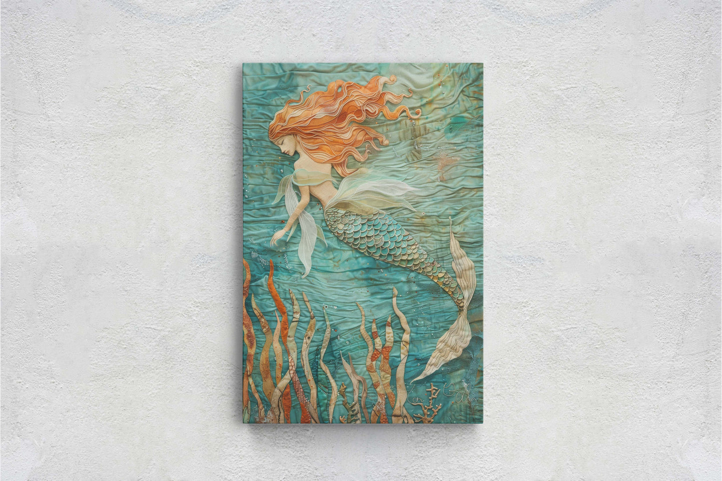 Mermaid in Garden, Nautical Artwork, Ocean Decor, Mythical Creature, Fantasy Decor, Faux Fabric, Framed Canvas, Extra Large Print