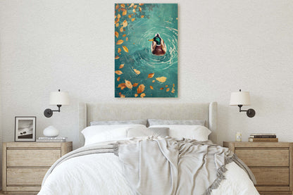 Mallard Duck Fall, Duck in Lake, Framed Canvas, Fall Season, Large Art print, Vertical Print, Leaves in Lake, Tranquil Decor