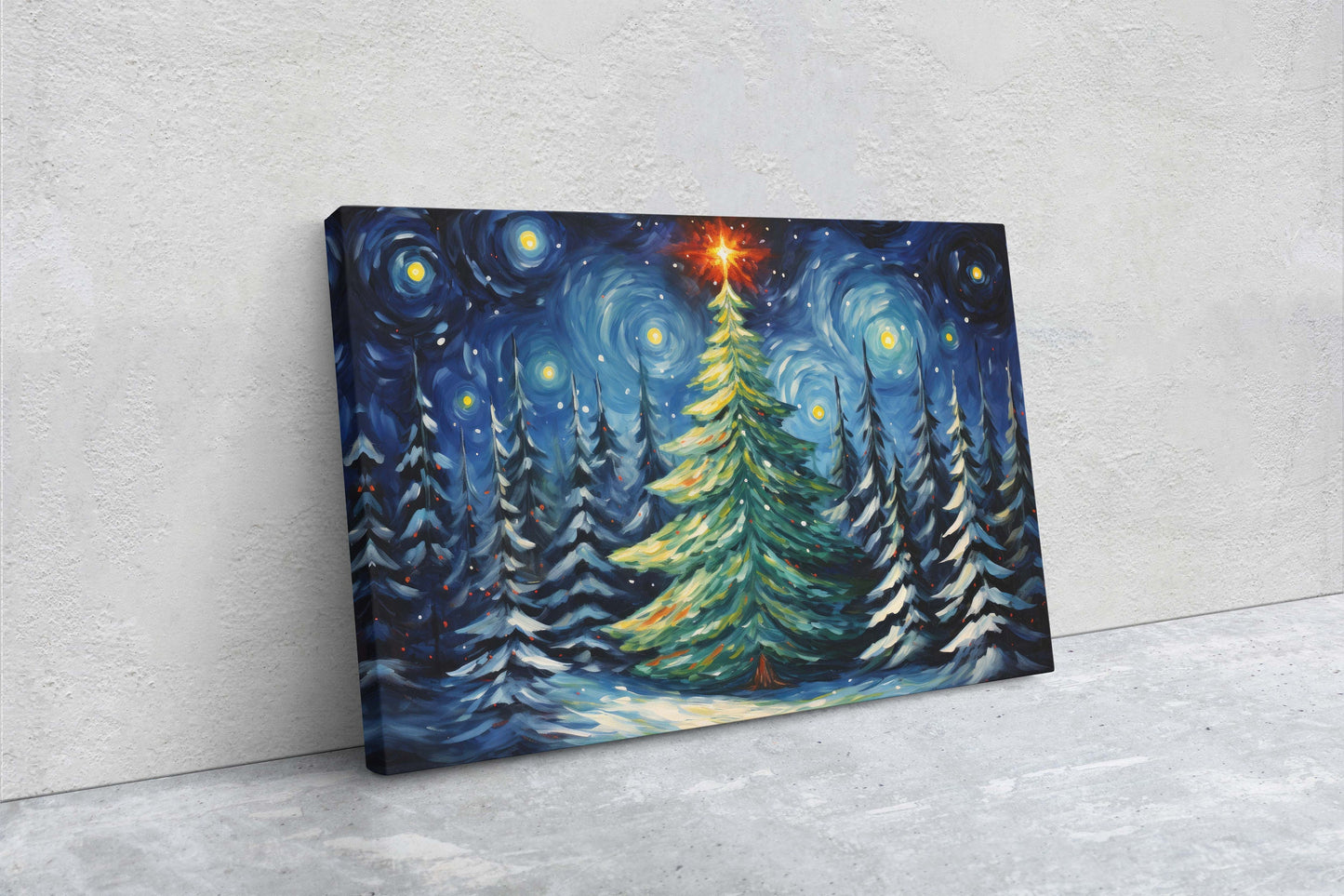 Starry Christmas Tree, Starry Night, Christmas Painting, Xmas Decor, Framed Canvas, Large Painting, Festive Print, Winter Art