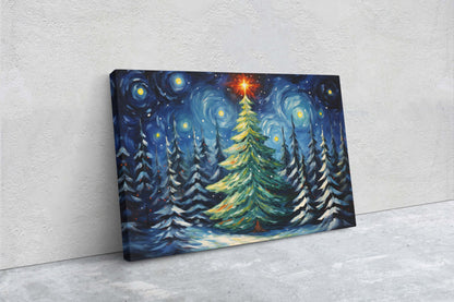 Starry Christmas Tree, Starry Night, Christmas Painting, Xmas Decor, Framed Canvas, Large Painting, Festive Print, Winter Art