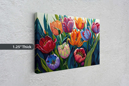 Tulip Field Fine Art Canvas Art Ready To Hang Large Print, Oil Painting, Colorful flower