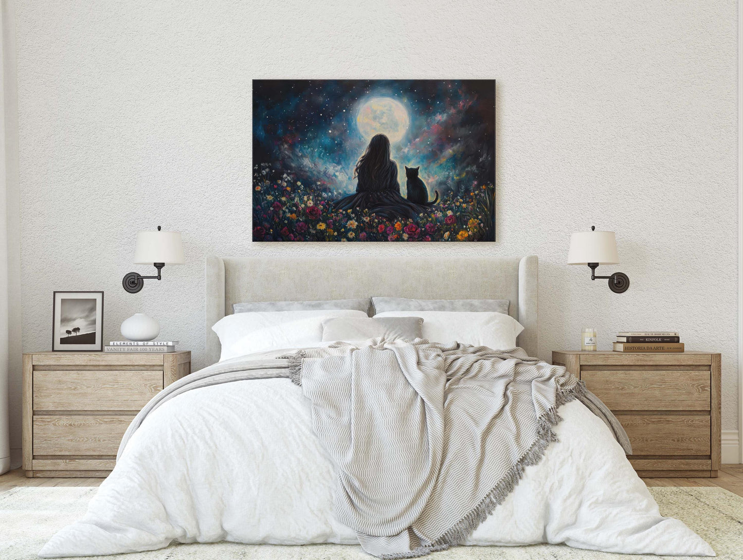 Girl and Cat Moon, Moonlit Night, Dreaming of Tomorrow, Halloween Art, Full Moon, Witch and Cat