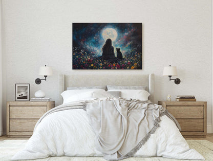 Girl and Cat Moon, Moonlit Night, Dreaming of Tomorrow, Halloween Art, Full Moon, Witch and Cat