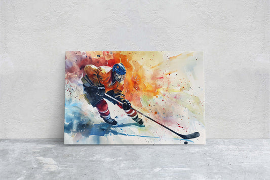 Hockey Painting, Watercolor, Sports Decor, Framed Canvas, Large Print, Gift for Dad, Gift for Him, Kids Room, Boys Room, Husband Gift